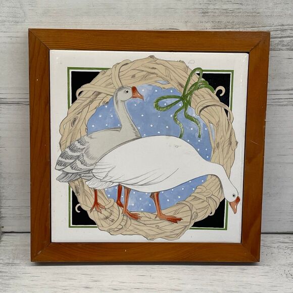 Framed Vintage Vandor Ceramic Tile Square Trivet Country Goose Duck Geese - Picture 1 of 6